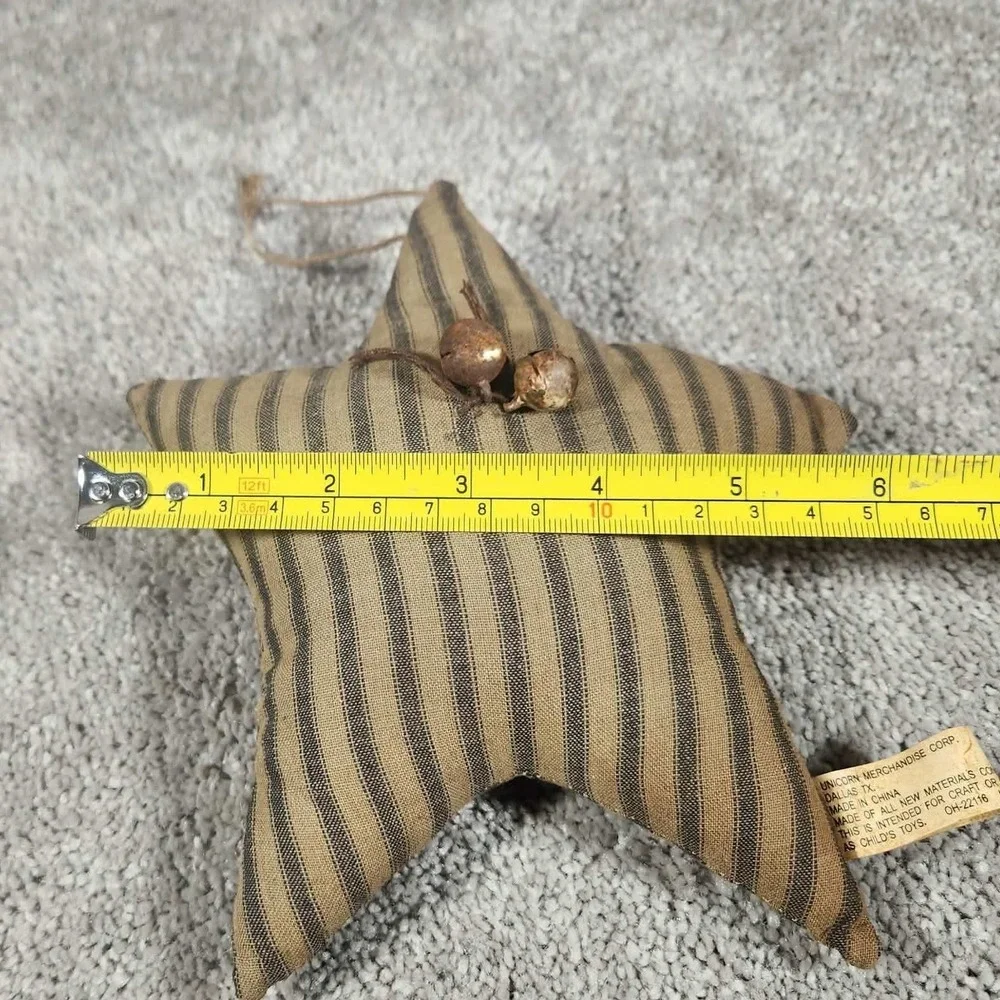 Star Ornament Tan Black Striped Ticking Jingle Bells Fabric Vintage Style Decor